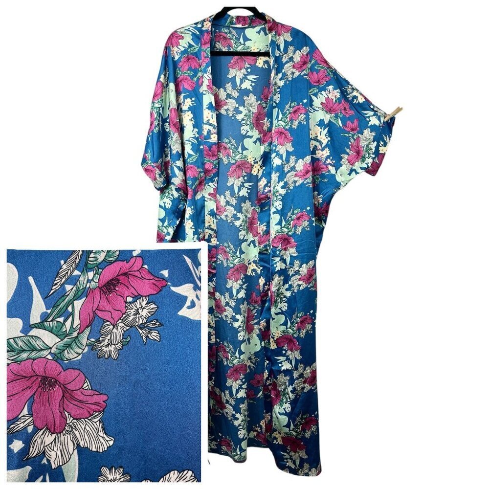 Easel Satin Duster Kimono Womens L Floral Slinky Boho Romantic Glam Lounge Sexy‎